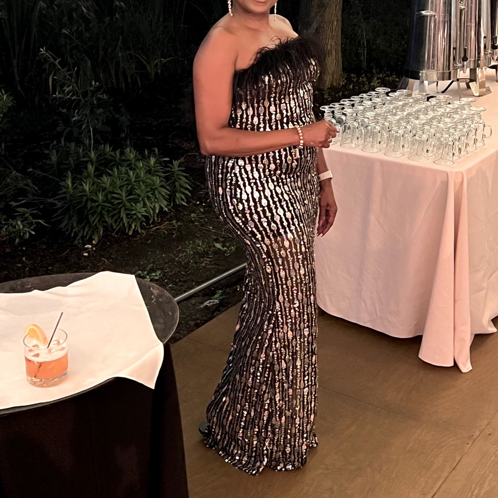 This beautiful sequin gown with feather trim worm one time! Excellent condition!